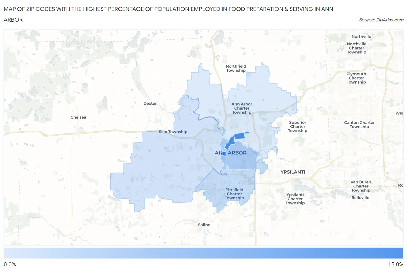 Zip Codes with the Highest Percentage of Population Employed in Food Preparation & Serving in Ann Arbor Map