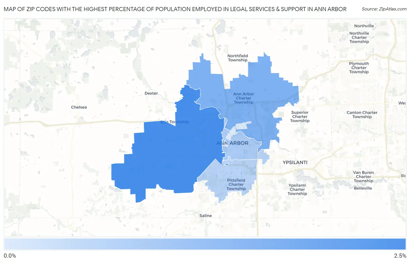 Zip Codes with the Highest Percentage of Population Employed in Legal Services & Support in Ann Arbor Map