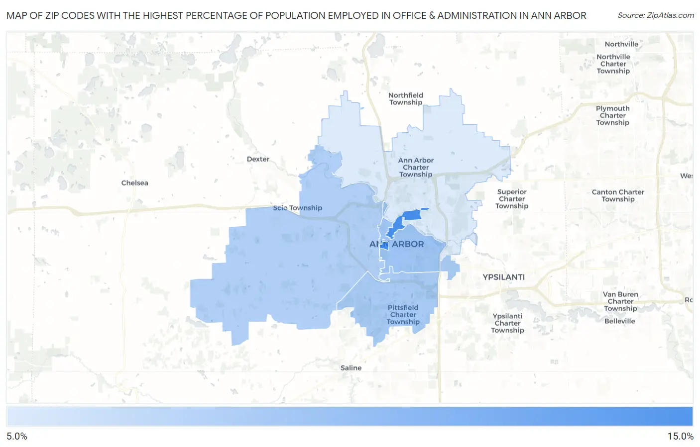 Zip Codes with the Highest Percentage of Population Employed in Office & Administration in Ann Arbor Map