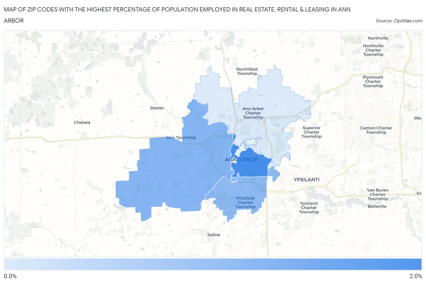 Zip Codes with the Highest Percentage of Population Employed in Real Estate, Rental & Leasing in Ann Arbor Map