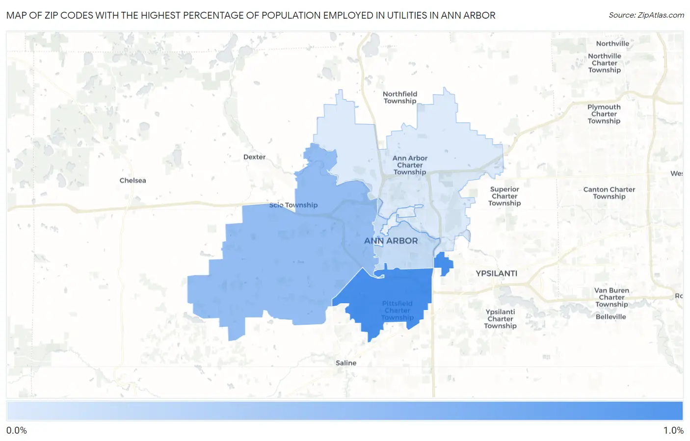 Zip Codes with the Highest Percentage of Population Employed in Utilities in Ann Arbor Map