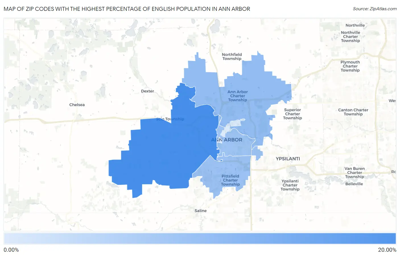 Zip Codes with the Highest Percentage of English Population in Ann Arbor Map