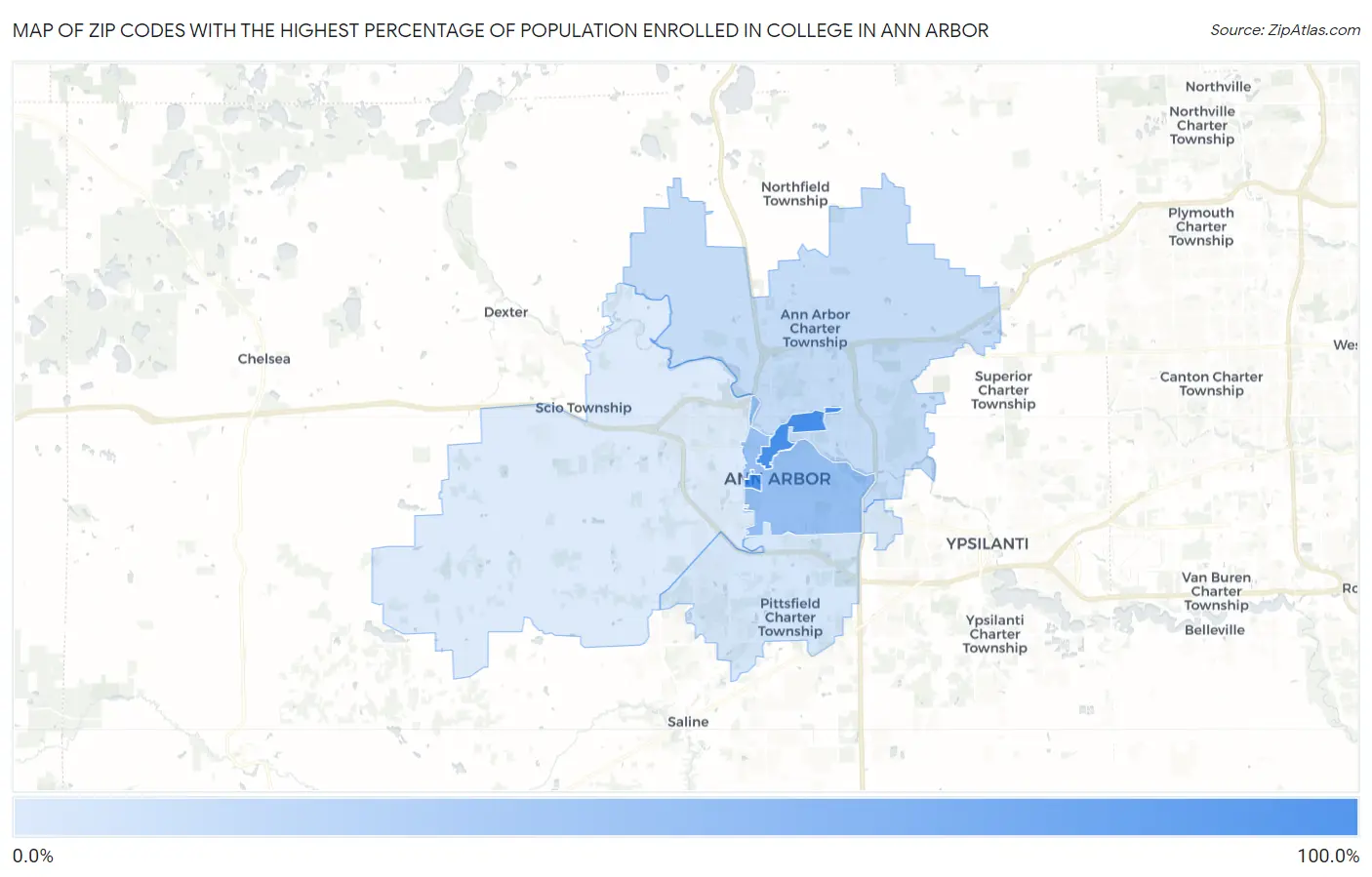 Zip Codes with the Highest Percentage of Population Enrolled in College in Ann Arbor Map