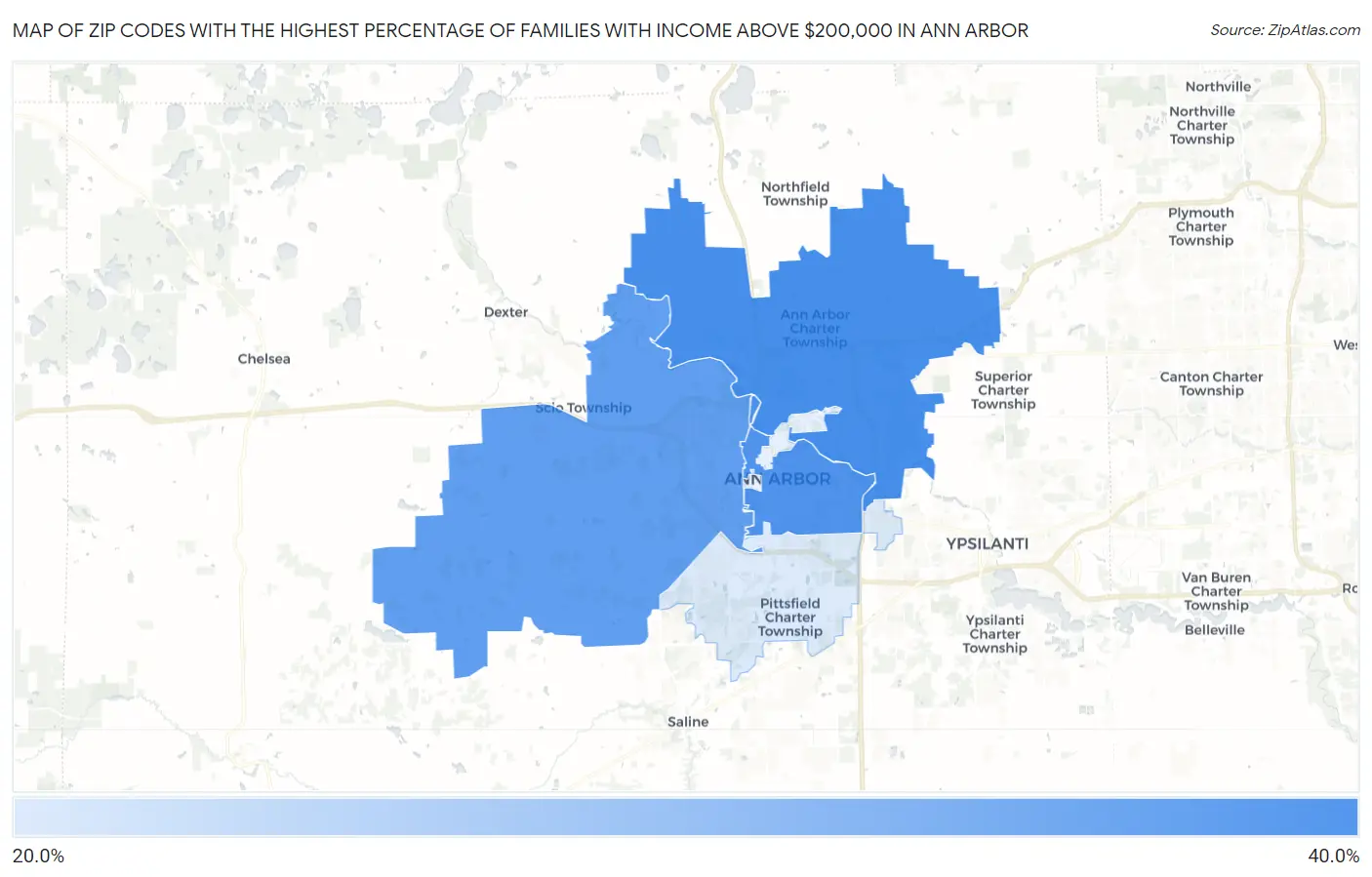 Zip Codes with the Highest Percentage of Families with Income Above $200,000 in Ann Arbor Map