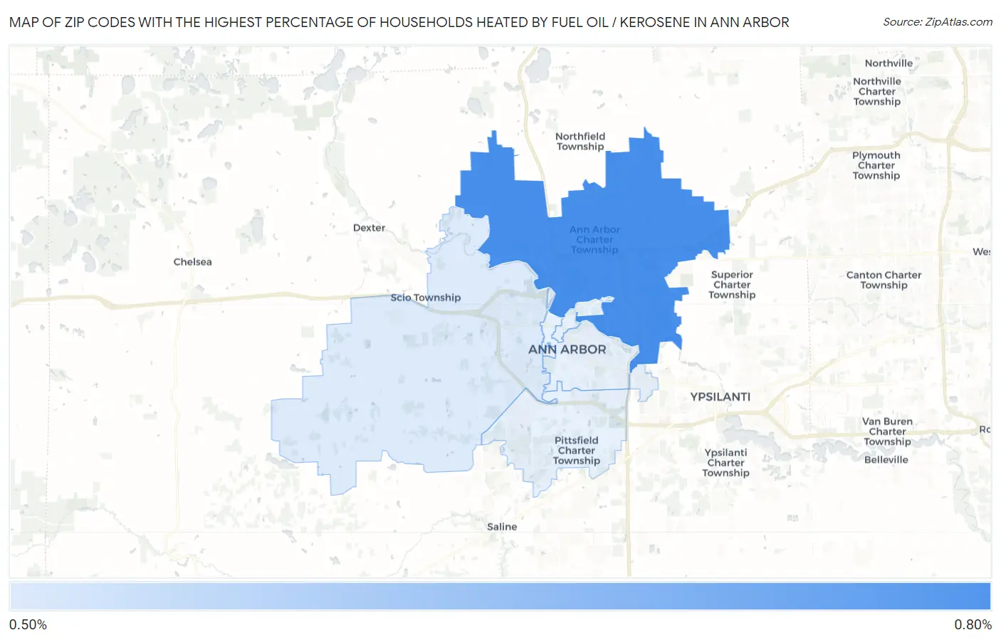 Zip Codes with the Highest Percentage of Households Heated by Fuel Oil / Kerosene in Ann Arbor Map