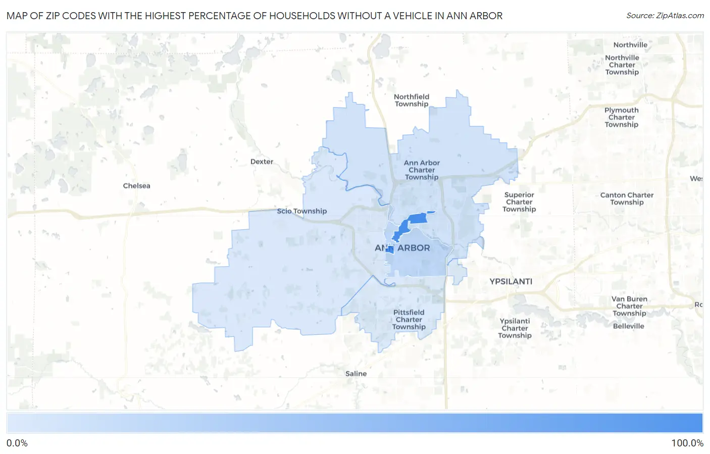 Zip Codes with the Highest Percentage of Households Without a Vehicle in Ann Arbor Map