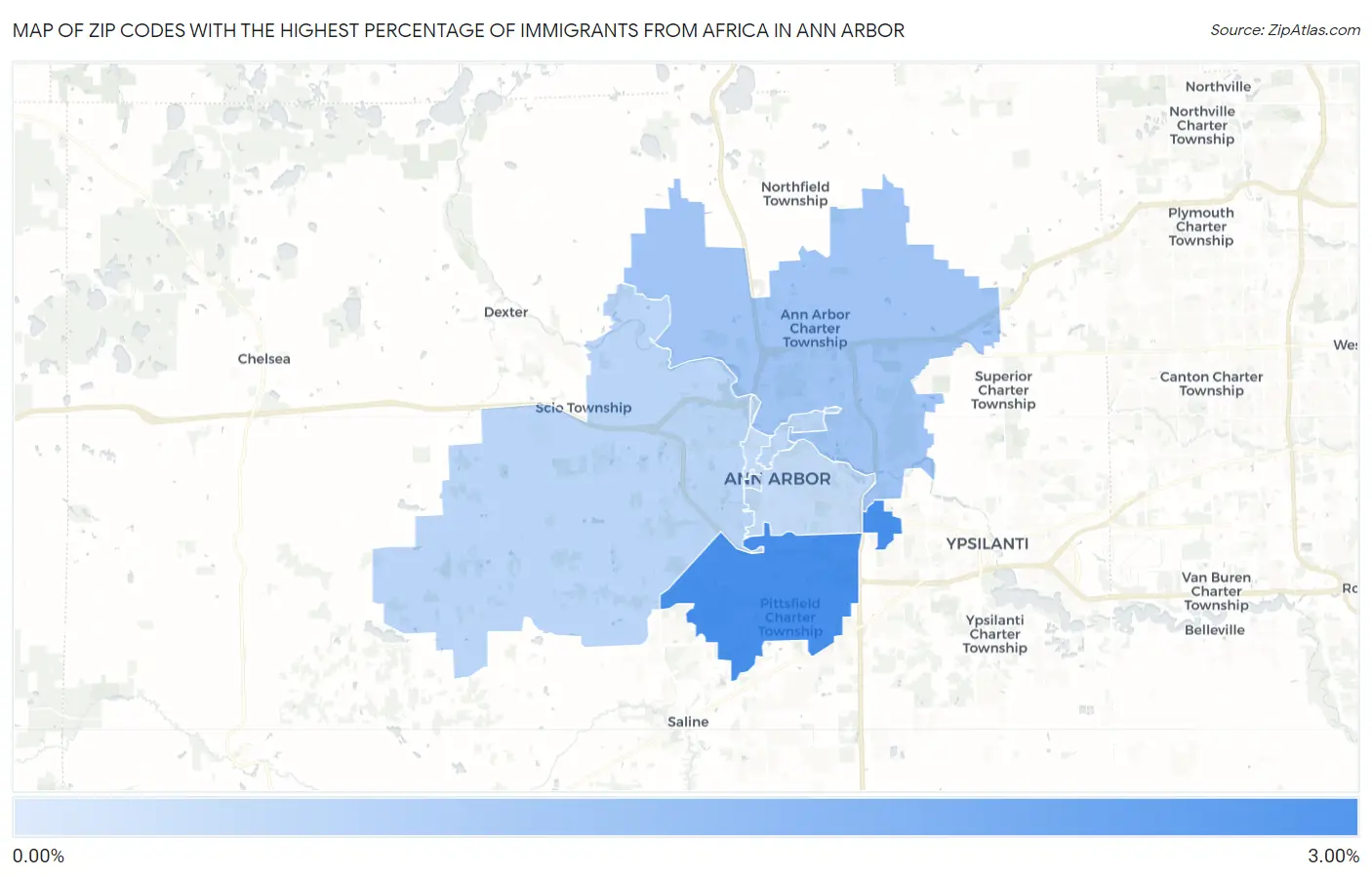 Zip Codes with the Highest Percentage of Immigrants from Africa in Ann Arbor Map