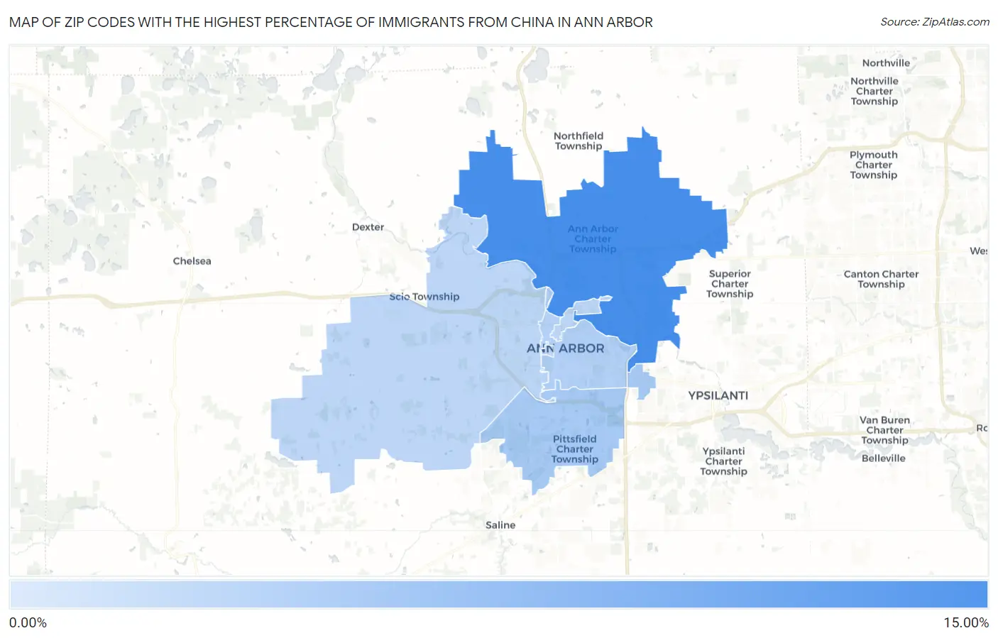 Zip Codes with the Highest Percentage of Immigrants from China in Ann Arbor Map