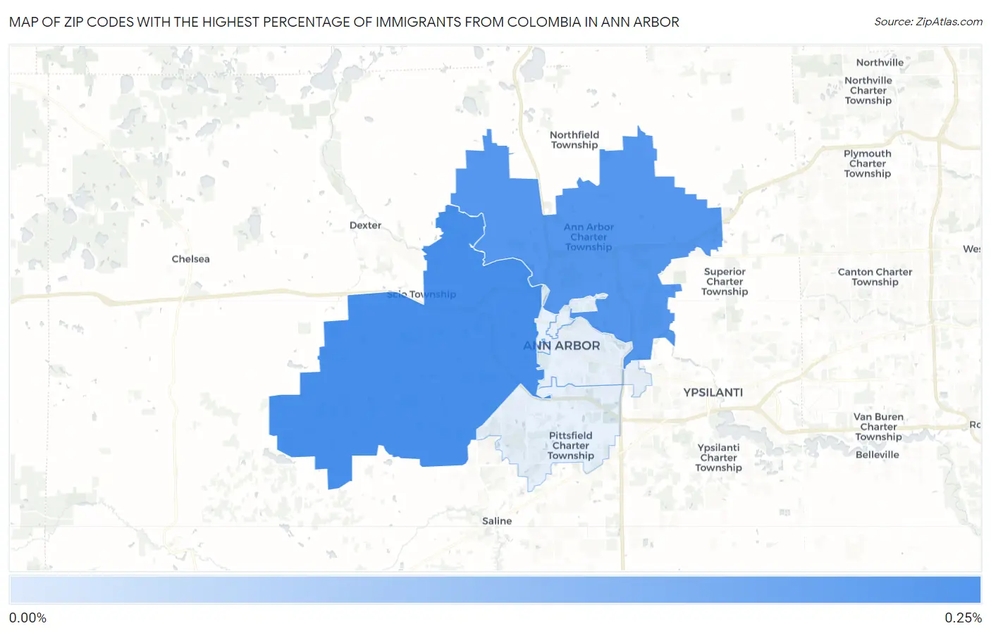 Zip Codes with the Highest Percentage of Immigrants from Colombia in Ann Arbor Map