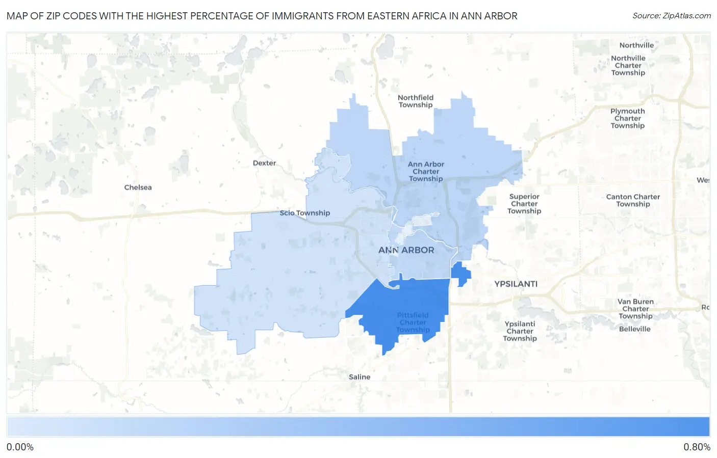 Zip Codes with the Highest Percentage of Immigrants from Eastern Africa in Ann Arbor Map