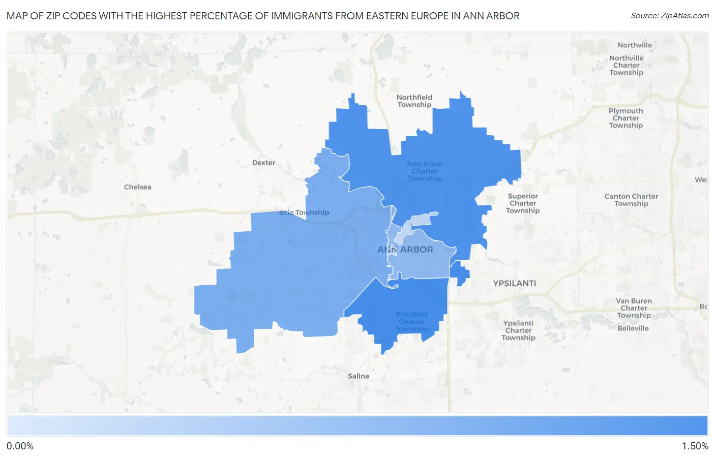 Zip Codes with the Highest Percentage of Immigrants from Eastern Europe in Ann Arbor Map