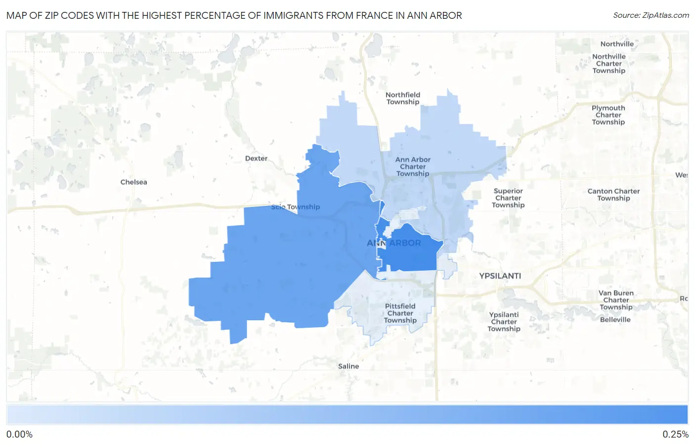 Zip Codes with the Highest Percentage of Immigrants from France in Ann Arbor Map