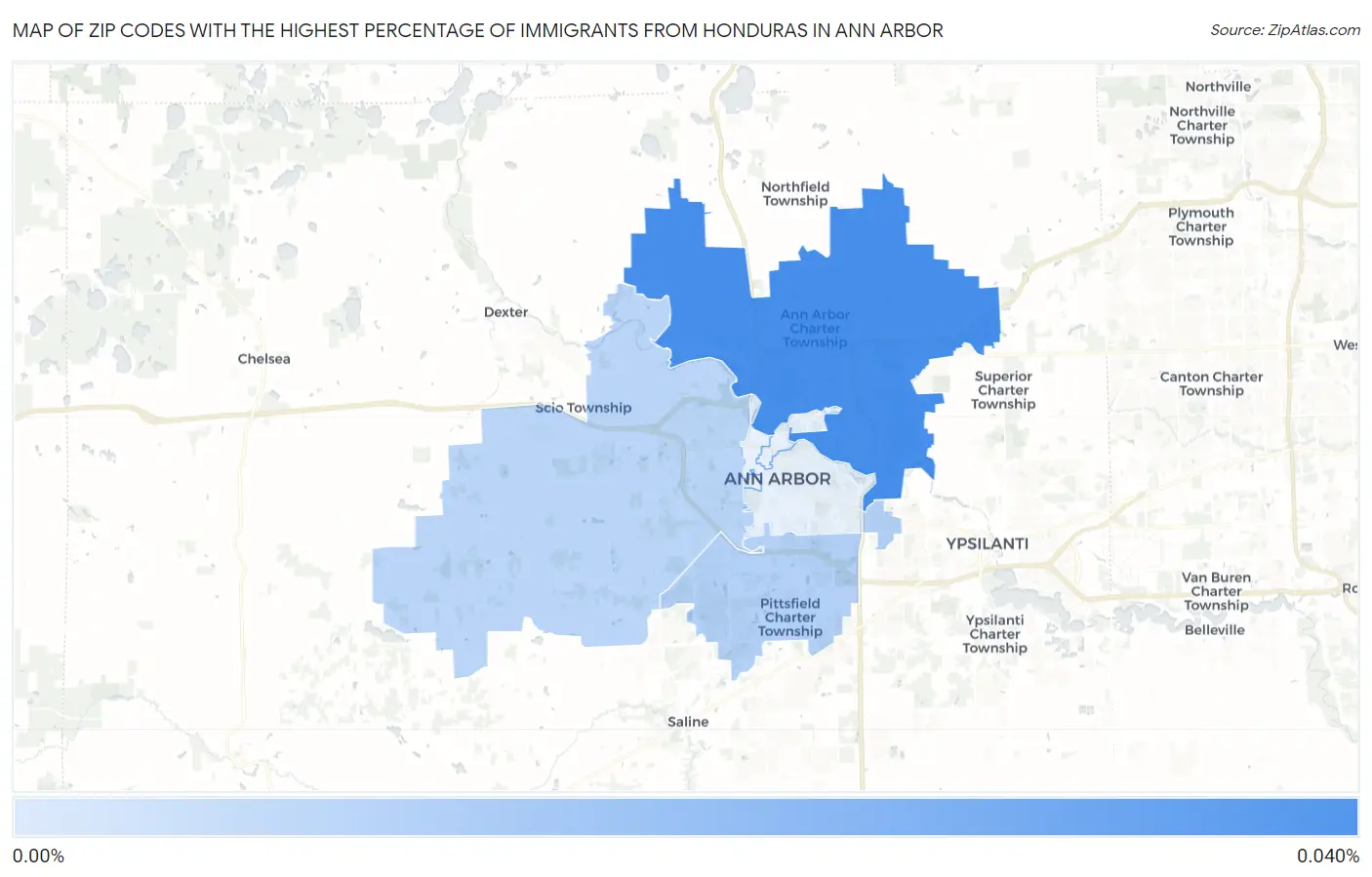 Zip Codes with the Highest Percentage of Immigrants from Honduras in Ann Arbor Map
