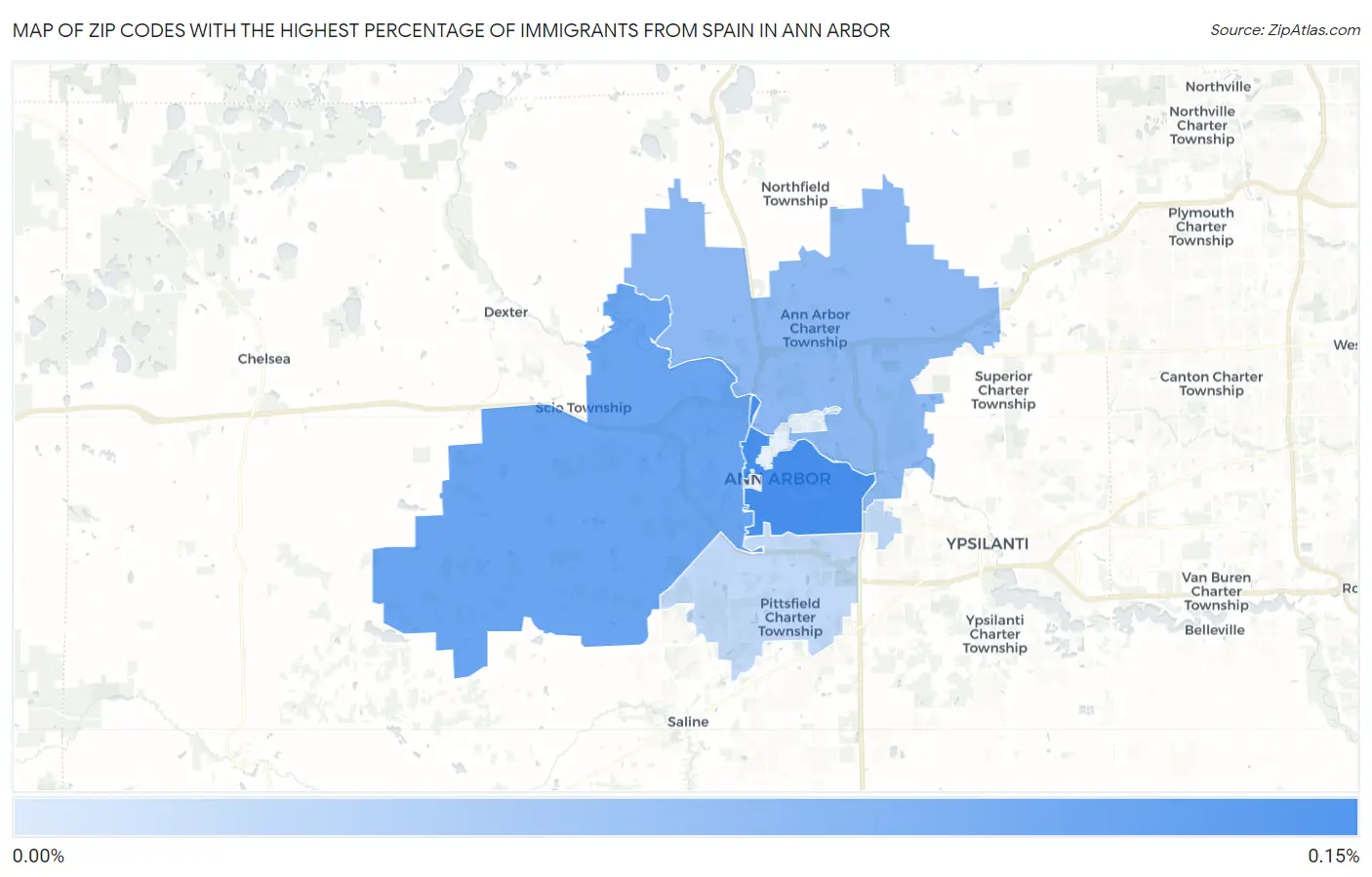 Zip Codes with the Highest Percentage of Immigrants from Spain in Ann Arbor Map