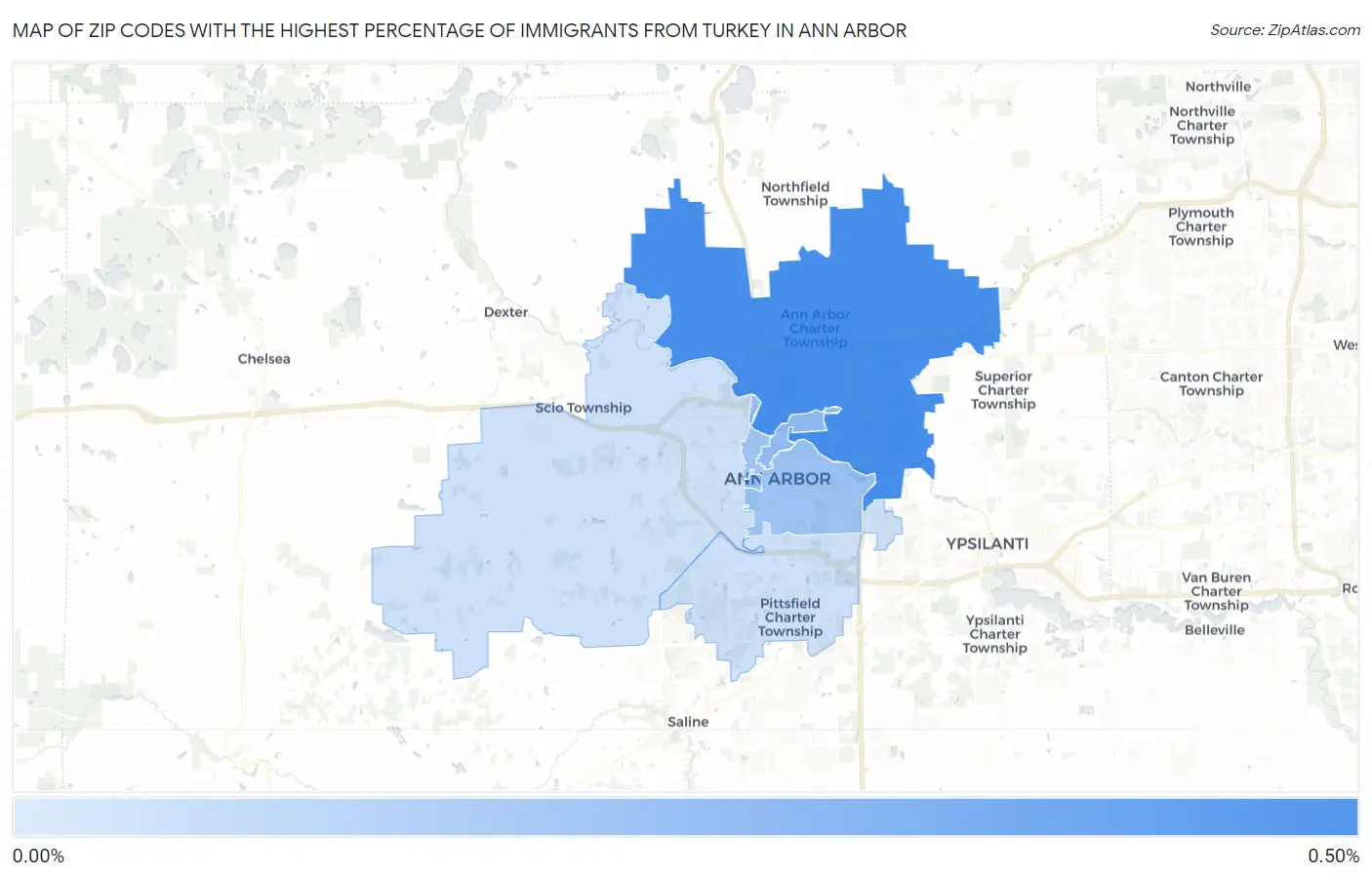 Zip Codes with the Highest Percentage of Immigrants from Turkey in Ann Arbor Map
