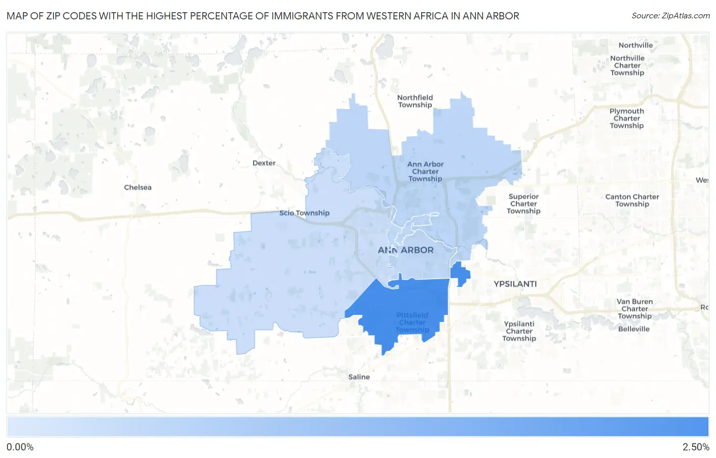 Zip Codes with the Highest Percentage of Immigrants from Western Africa in Ann Arbor Map