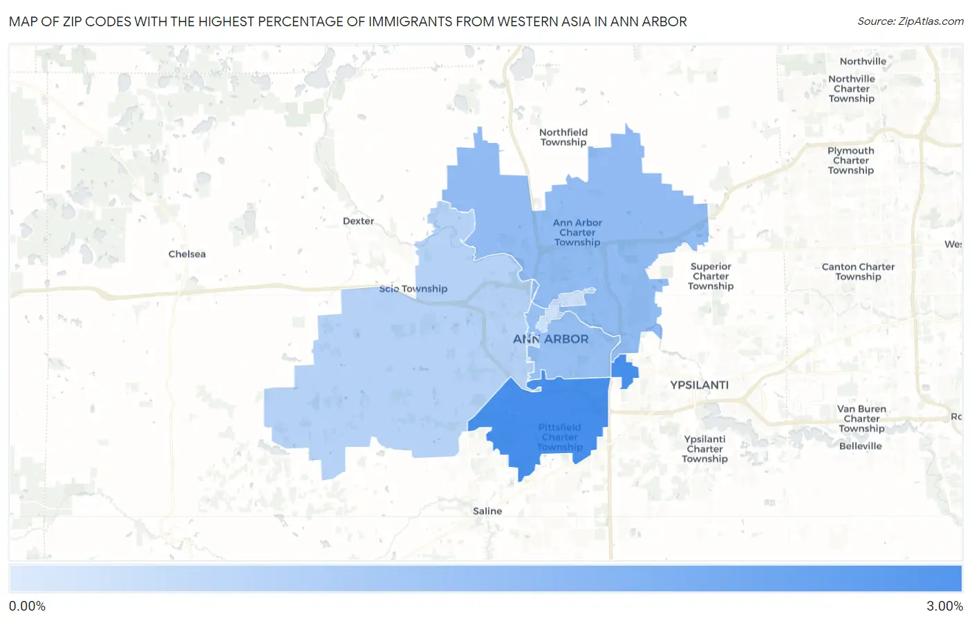 Zip Codes with the Highest Percentage of Immigrants from Western Asia in Ann Arbor Map