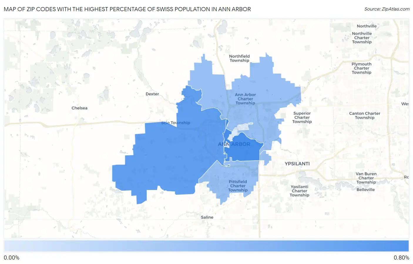 Zip Codes with the Highest Percentage of Swiss Population in Ann Arbor Map