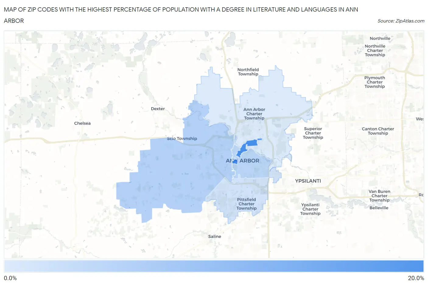 Zip Codes with the Highest Percentage of Population with a Degree in Literature and Languages in Ann Arbor Map