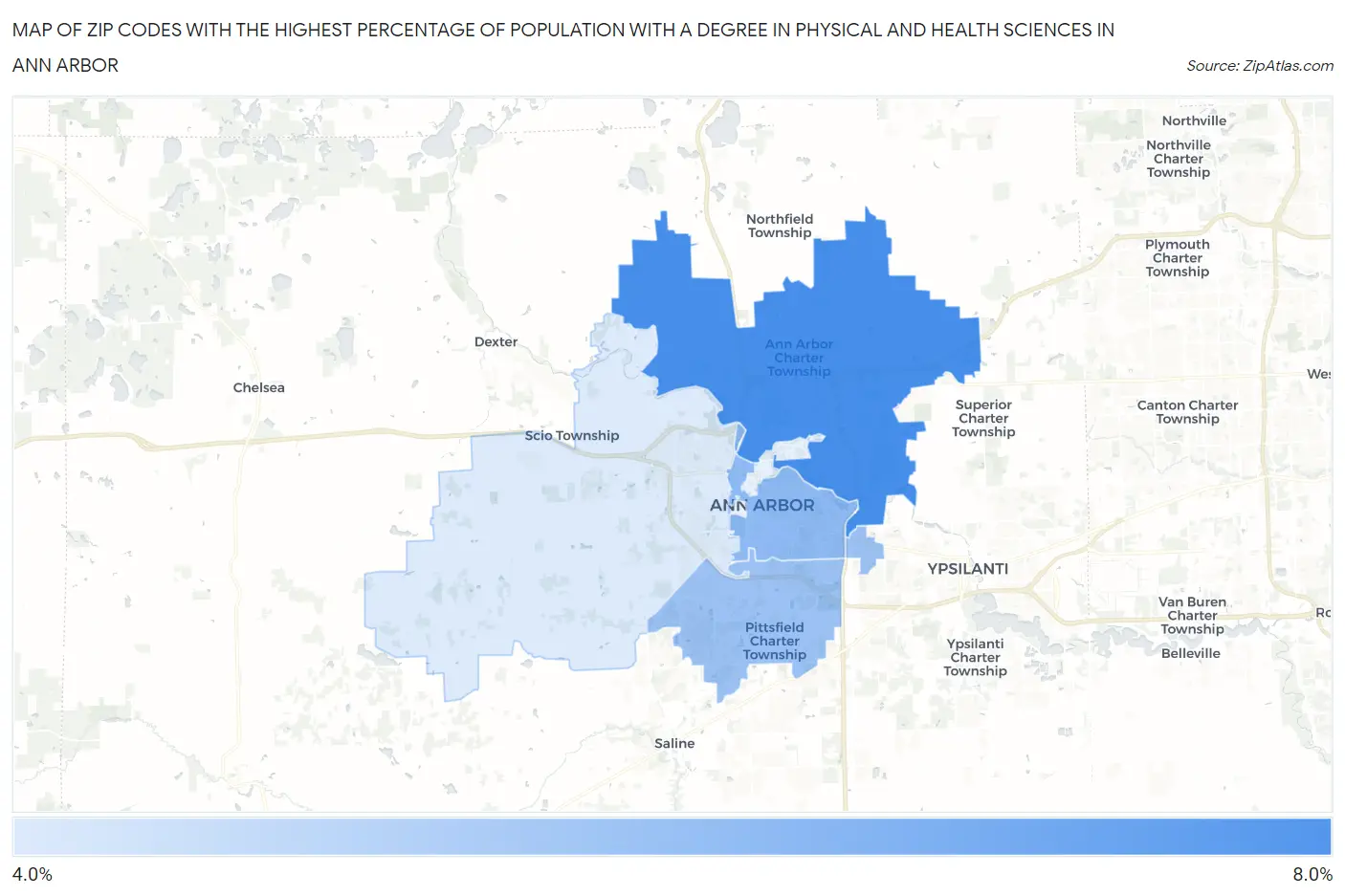 Zip Codes with the Highest Percentage of Population with a Degree in Physical and Health Sciences in Ann Arbor Map