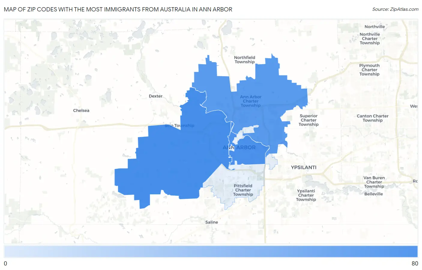 Zip Codes with the Most Immigrants from Australia in Ann Arbor Map