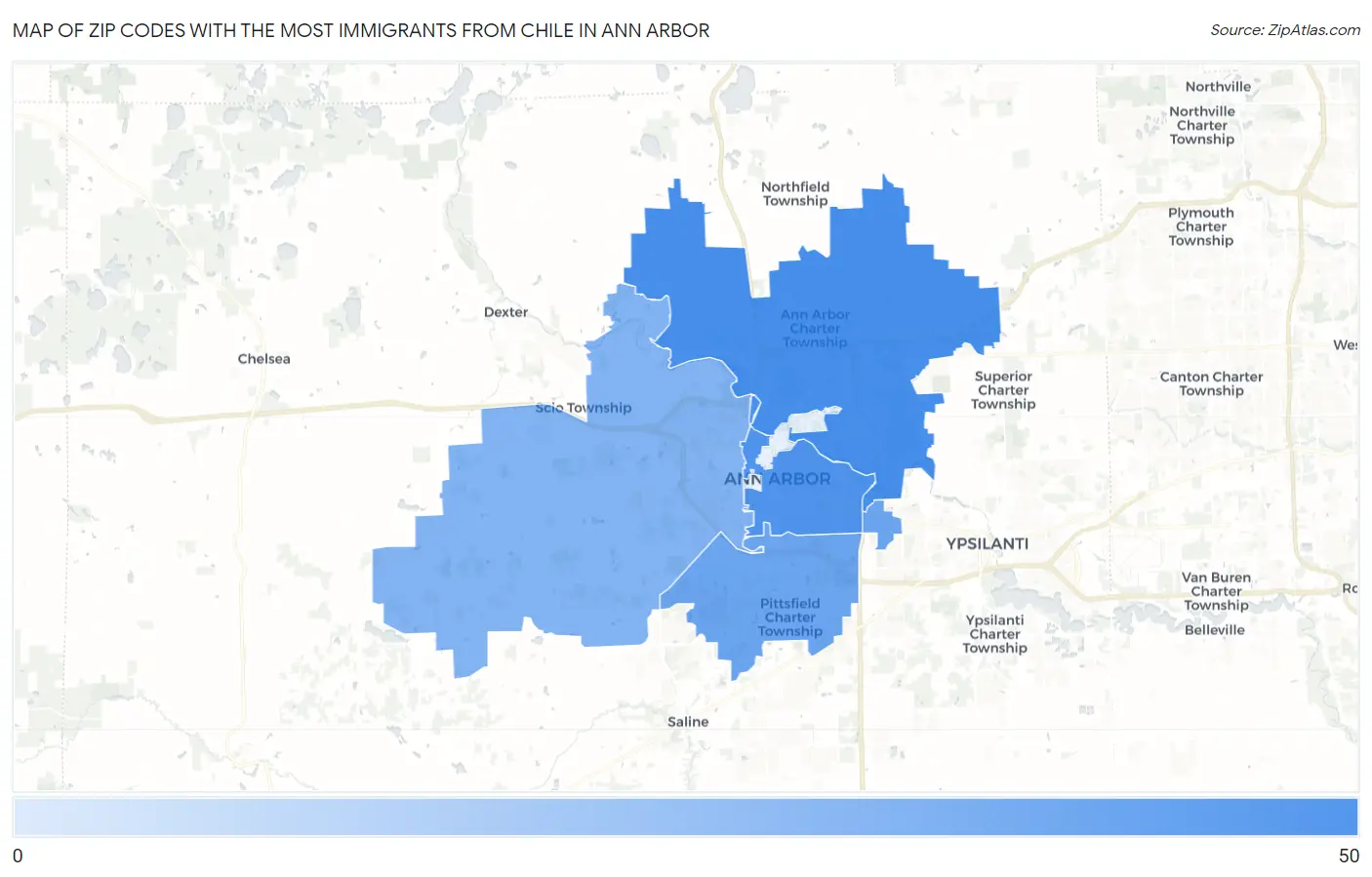 Zip Codes with the Most Immigrants from Chile in Ann Arbor Map