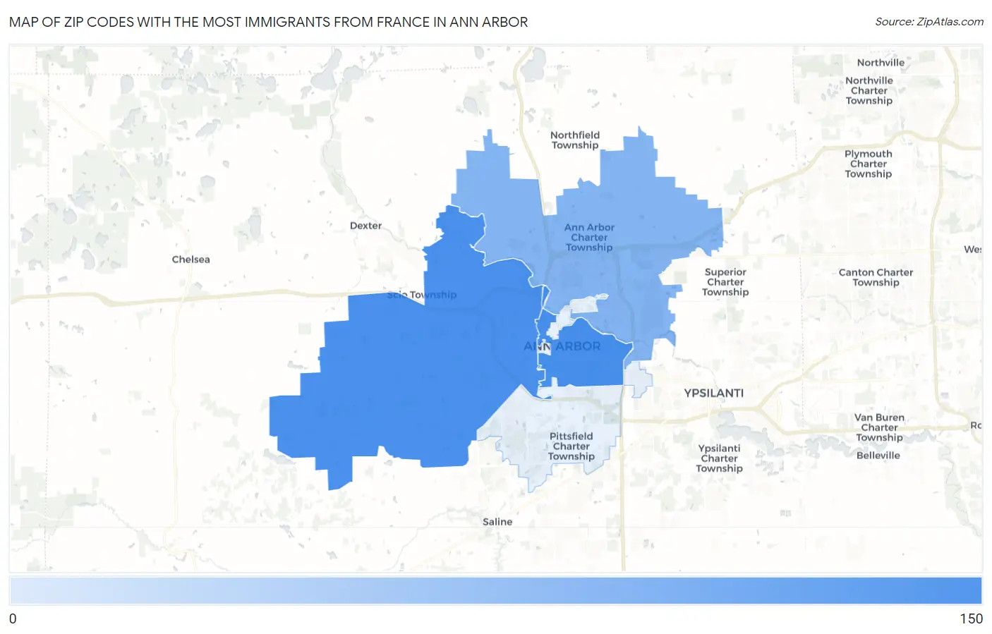 Zip Codes with the Most Immigrants from France in Ann Arbor Map