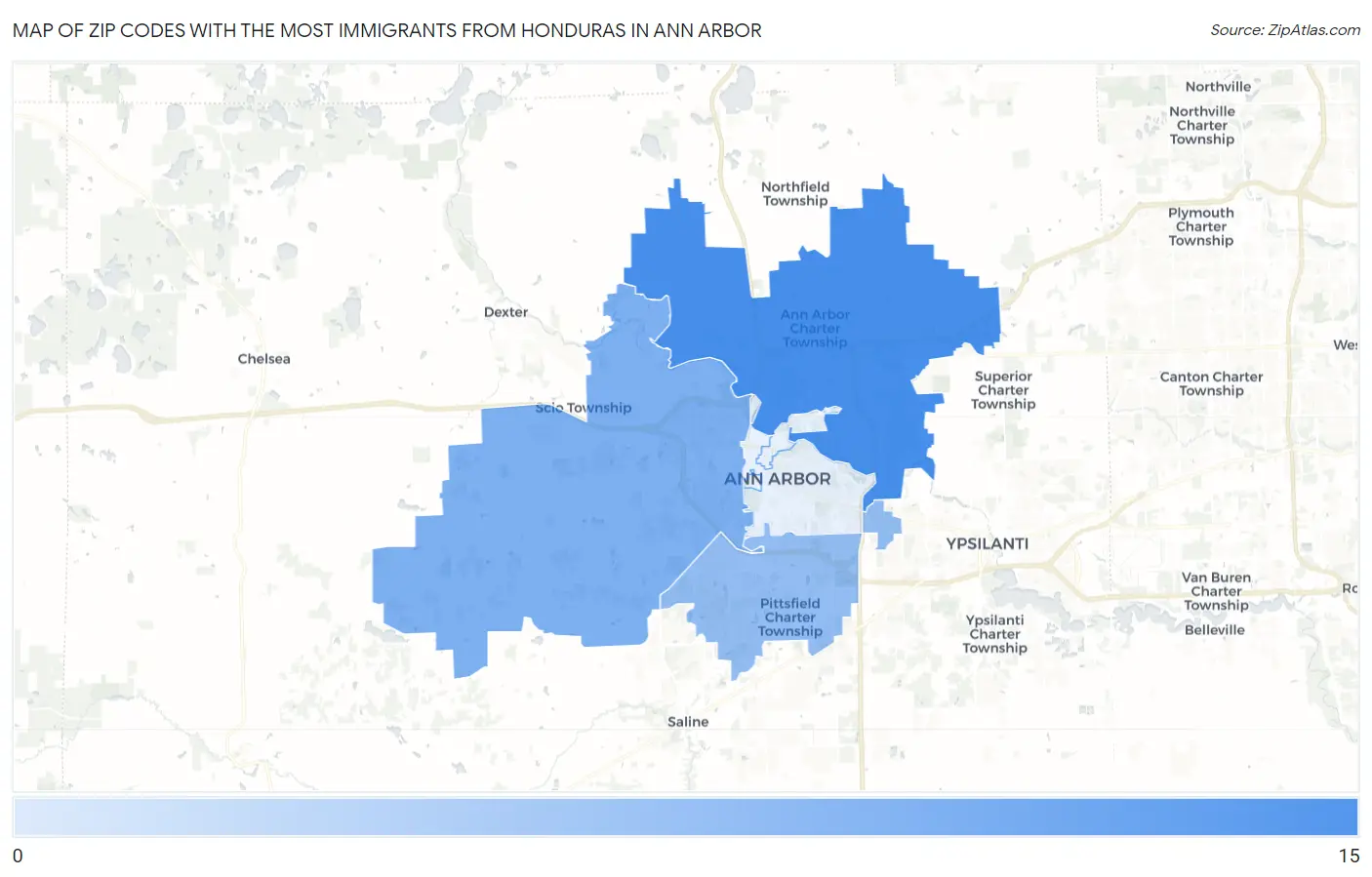 Zip Codes with the Most Immigrants from Honduras in Ann Arbor Map