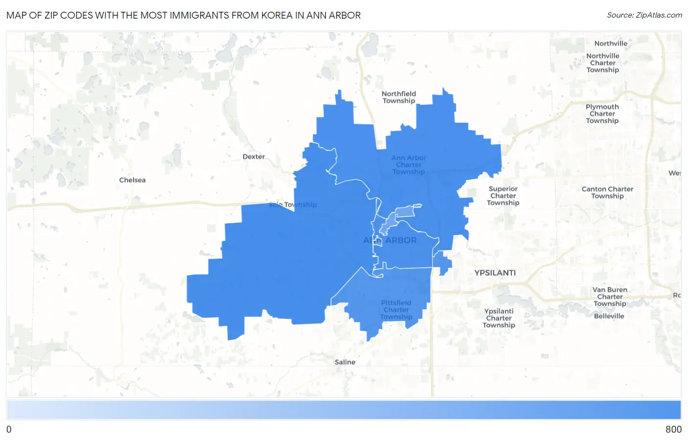 Zip Codes with the Most Immigrants from Korea in Ann Arbor Map