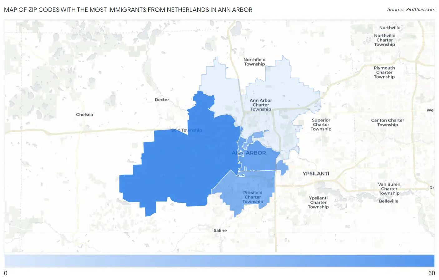 Zip Codes with the Most Immigrants from Netherlands in Ann Arbor Map