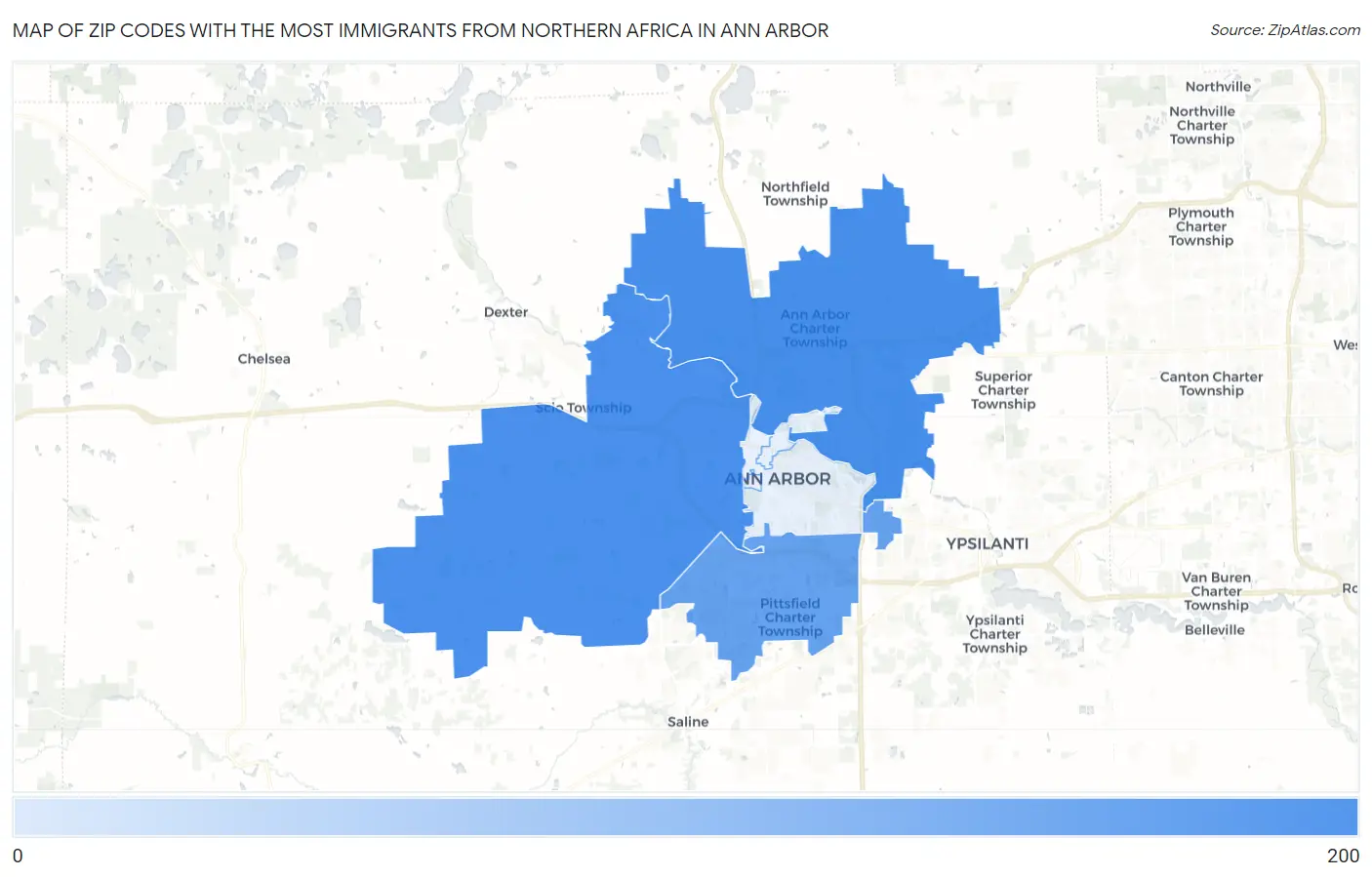 Zip Codes with the Most Immigrants from Northern Africa in Ann Arbor Map