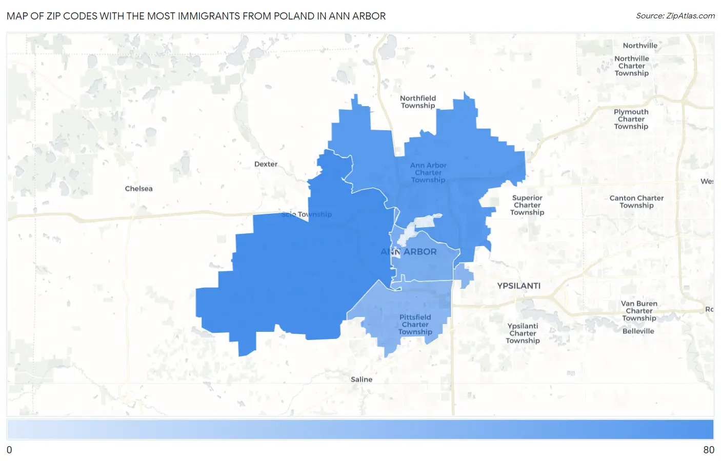 Zip Codes with the Most Immigrants from Poland in Ann Arbor Map