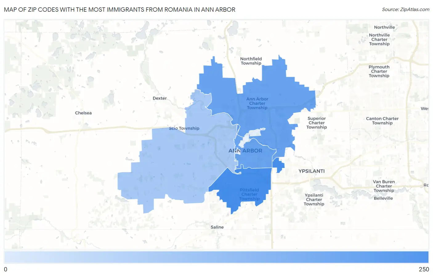 Zip Codes with the Most Immigrants from Romania in Ann Arbor Map