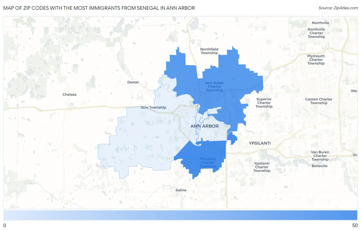 Zip Codes with the Most Immigrants from Senegal in Ann Arbor Map