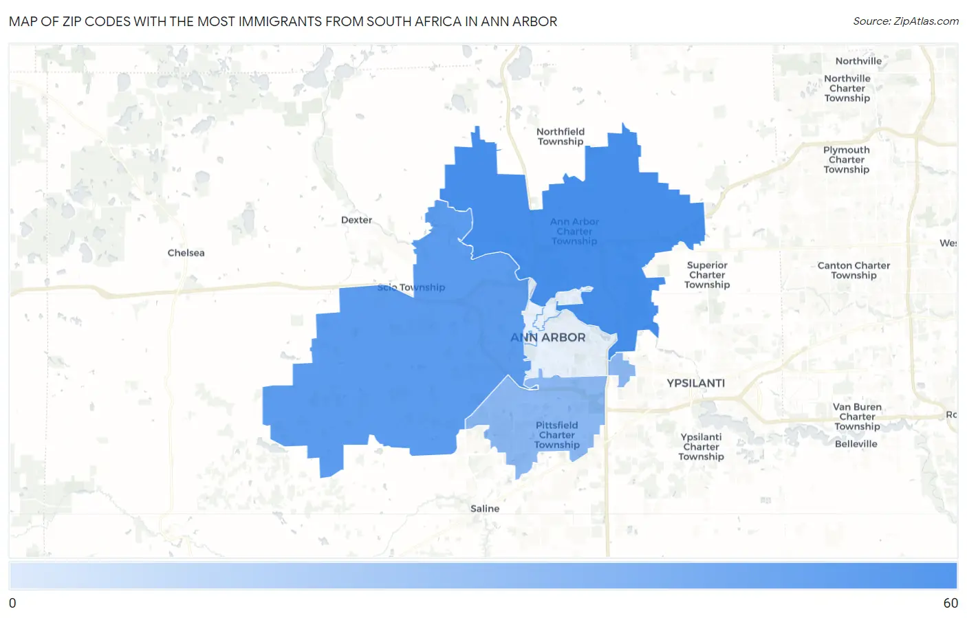 Zip Codes with the Most Immigrants from South Africa in Ann Arbor Map
