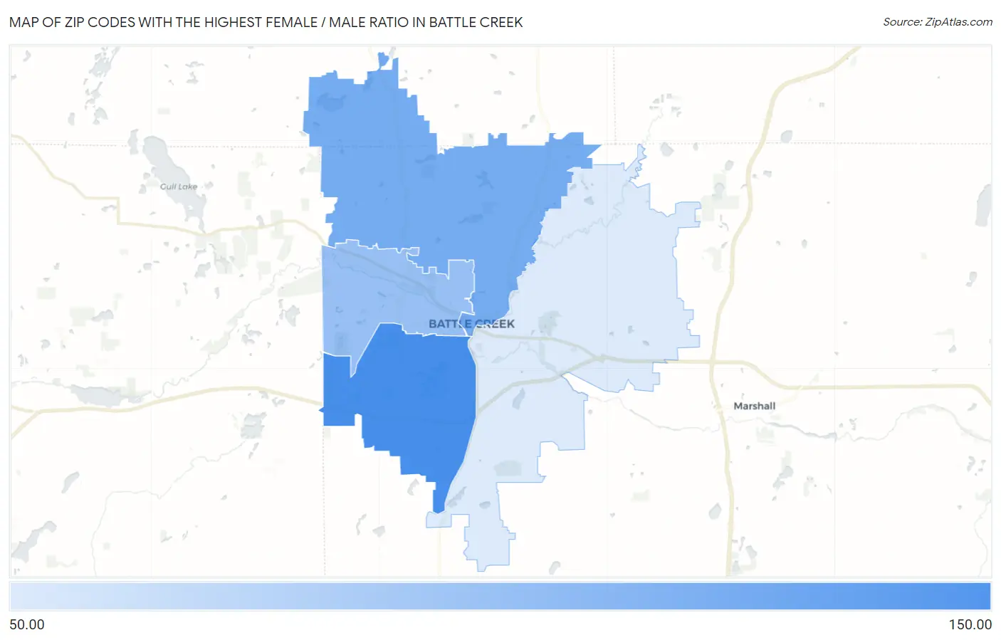 Zip Codes with the Highest Female / Male Ratio in Battle Creek Map