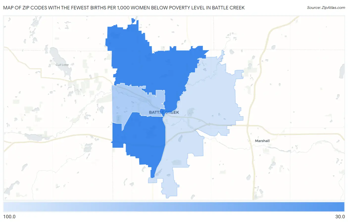 Zip Codes with the Fewest Births per 1,000 Women Below Poverty Level in Battle Creek Map