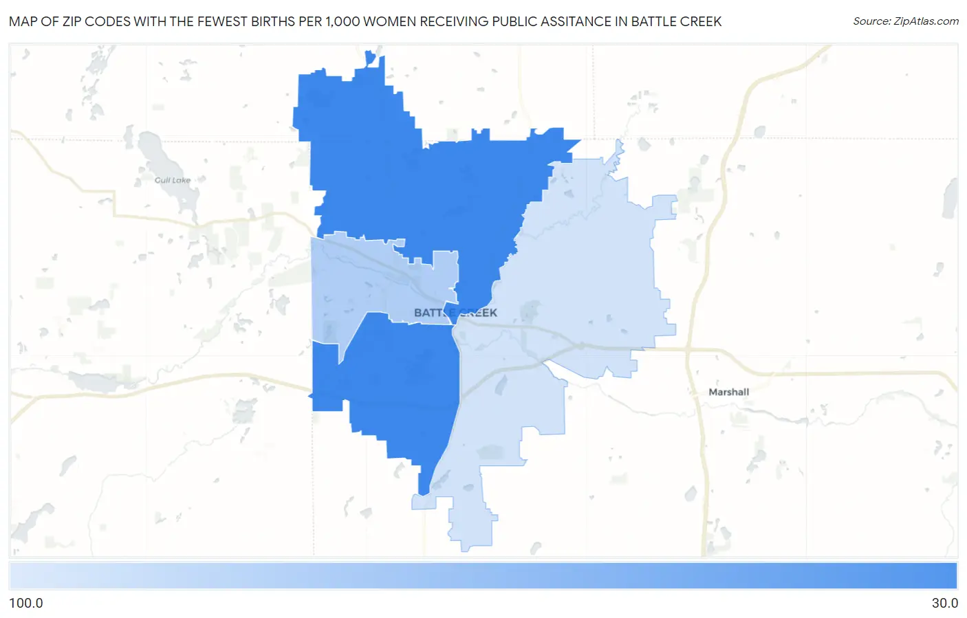 Zip Codes with the Fewest Births per 1,000 Women Receiving Public Assitance in Battle Creek Map