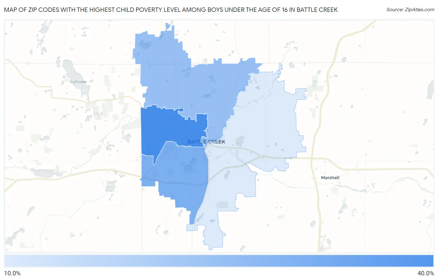 Zip Codes with the Highest Child Poverty Level Among Boys Under the Age of 16 in Battle Creek Map
