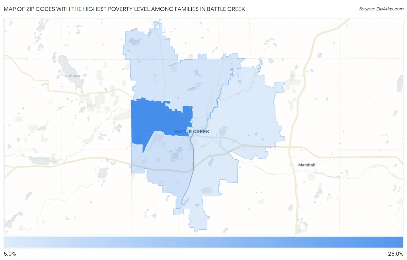 Zip Codes with the Highest Poverty Level Among Families in Battle Creek Map