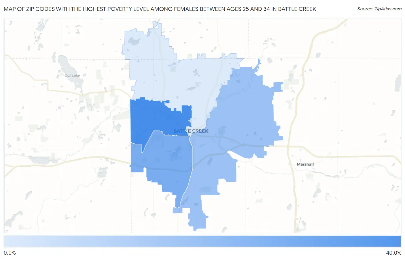Zip Codes with the Highest Poverty Level Among Females Between Ages 25 and 34 in Battle Creek Map