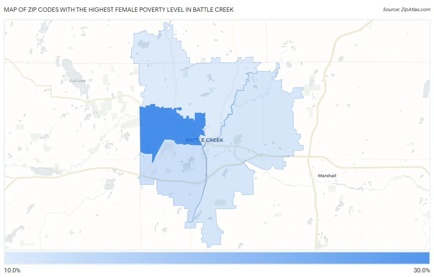 Zip Codes with the Highest Female Poverty Level in Battle Creek Map