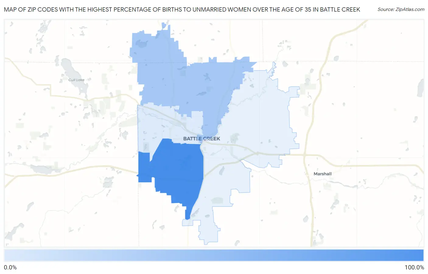 Zip Codes with the Highest Percentage of Births to Unmarried Women over the Age of 35 in Battle Creek Map