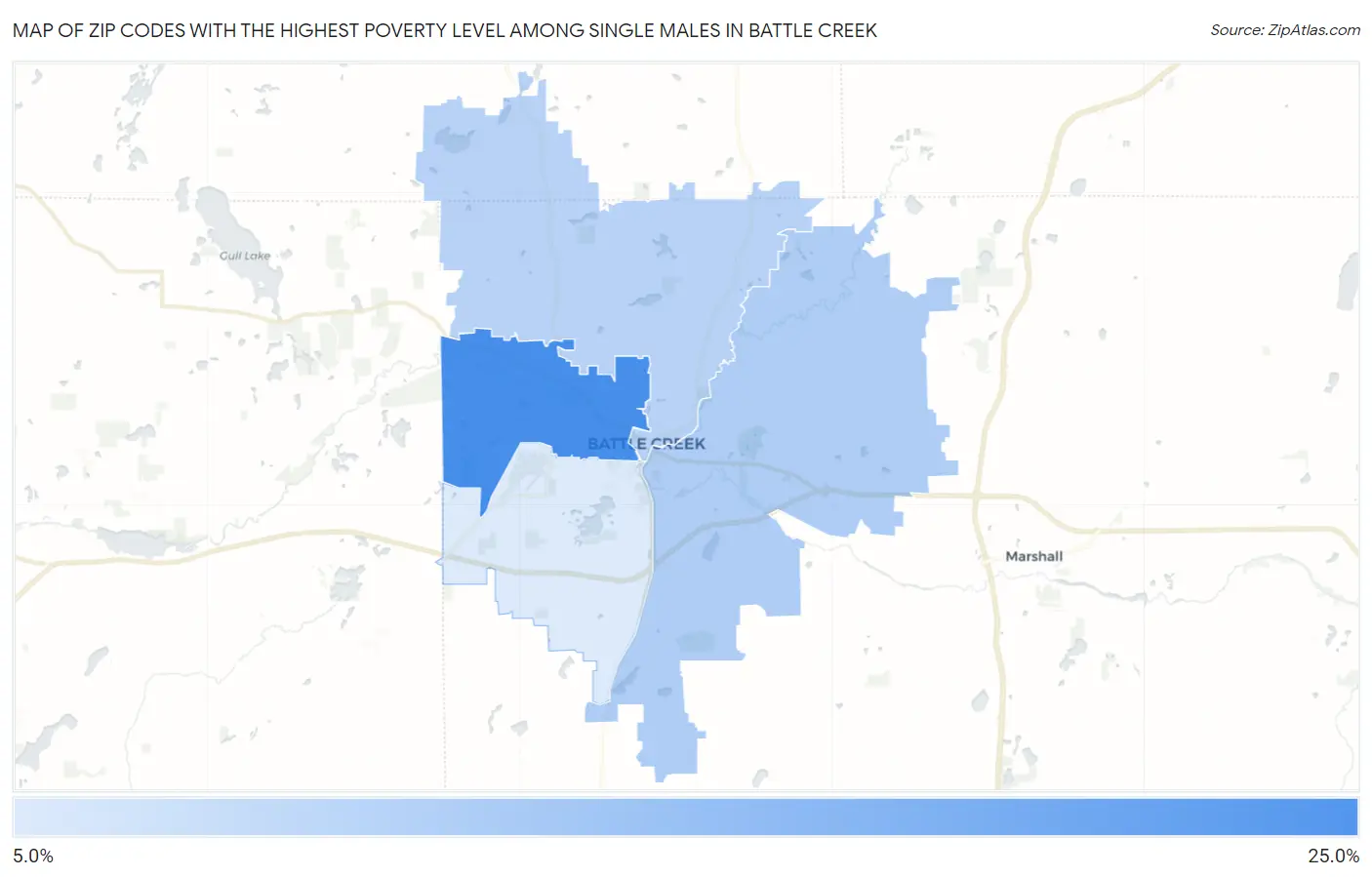 Zip Codes with the Highest Poverty Level Among Single Males in Battle Creek Map
