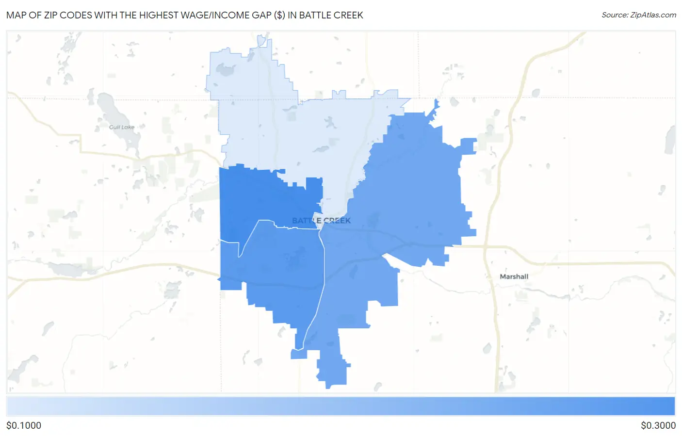 Zip Codes with the Highest Wage/Income Gap ($) in Battle Creek Map
