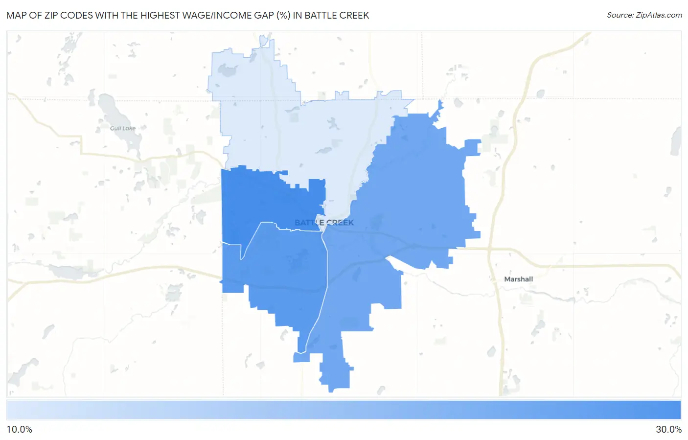 Zip Codes with the Highest Wage/Income Gap (%) in Battle Creek Map