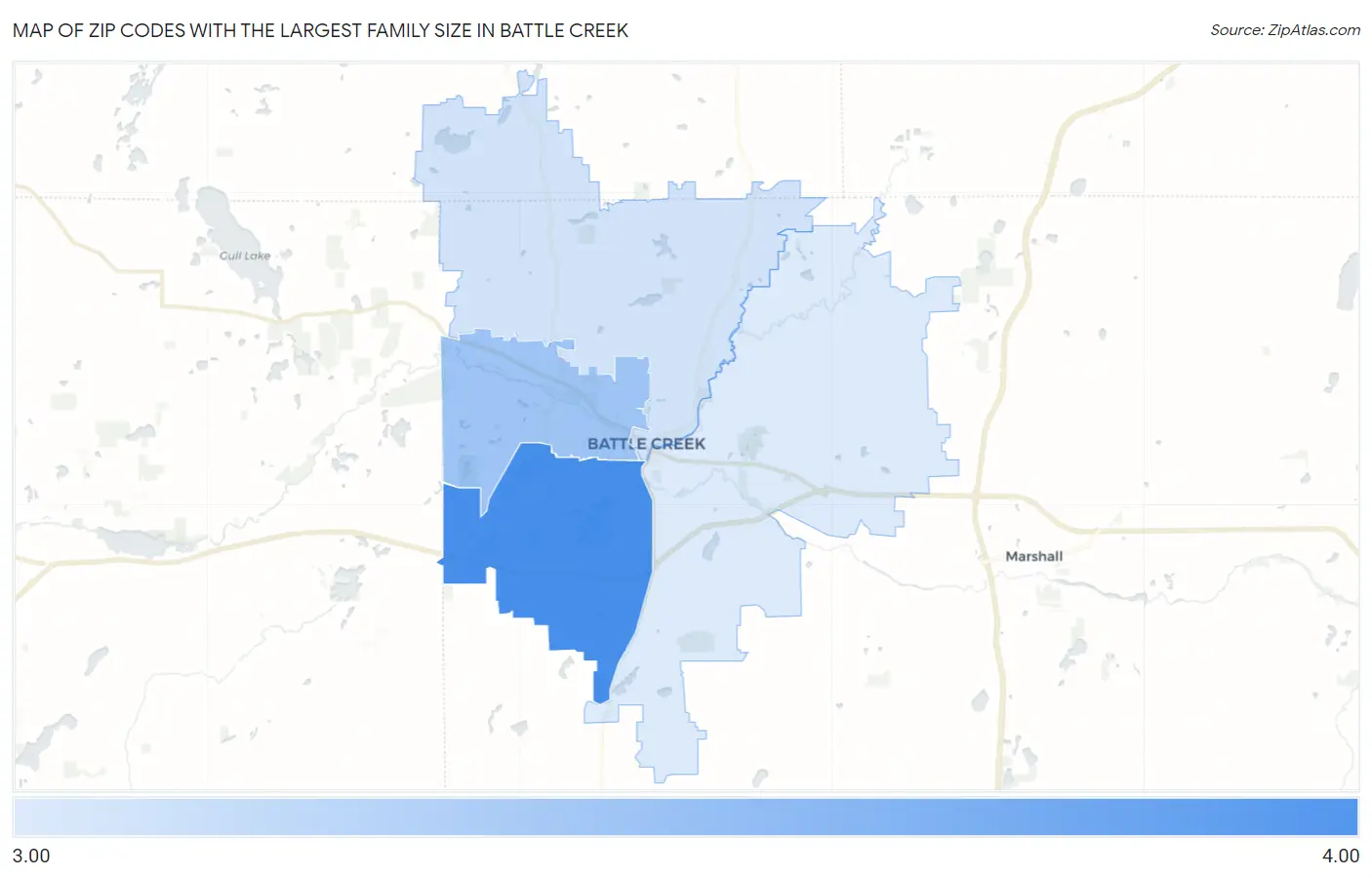 Zip Codes with the Largest Family Size in Battle Creek Map