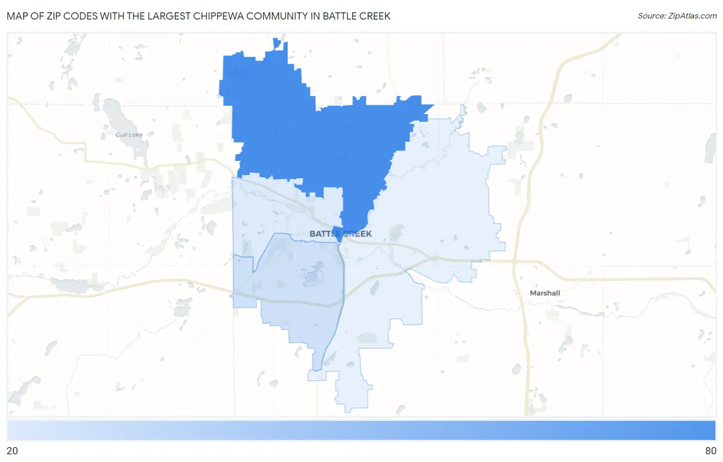 Zip Codes with the Largest Chippewa Community in Battle Creek Map