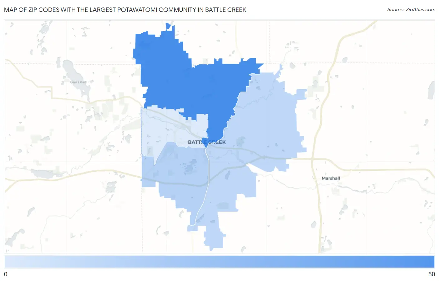 Zip Codes with the Largest Potawatomi Community in Battle Creek Map
