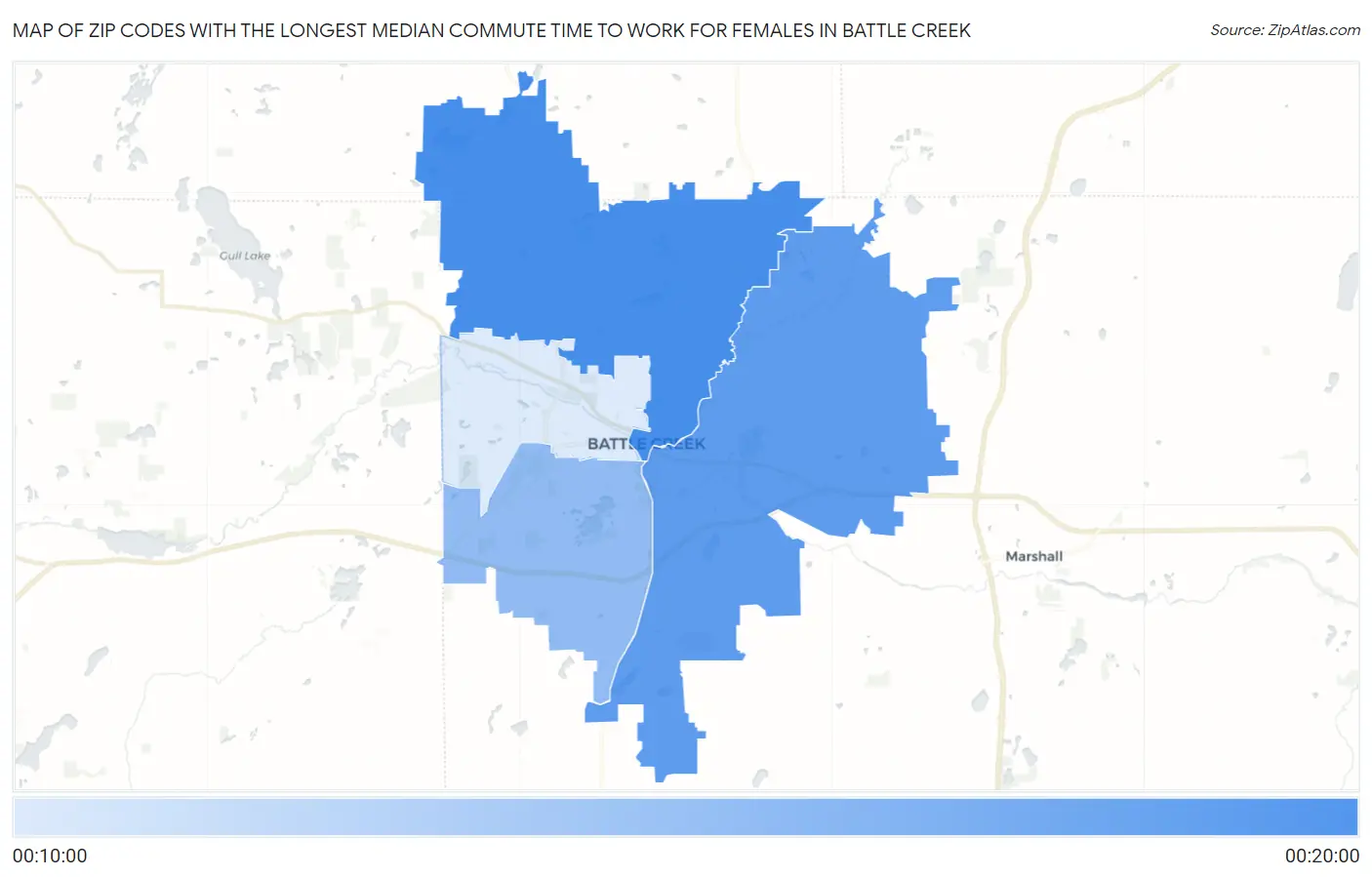 Zip Codes with the Longest Median Commute Time to Work for Females in Battle Creek Map